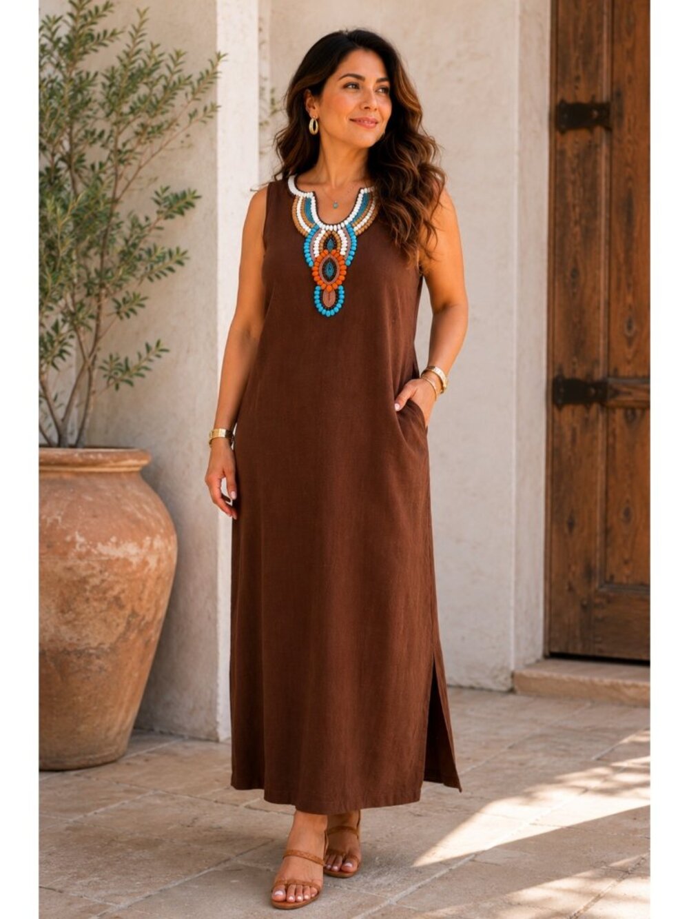 Midnight Velvet Women’s Brown Linen Blend Beaded Midi Dress Size 14 Boho